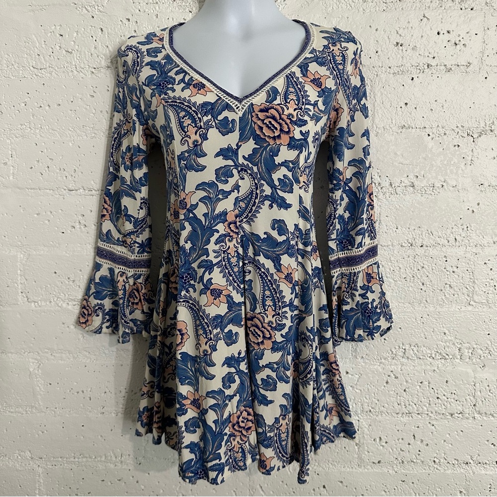 Spell Womens Dress XXS Pink Blue Floral 100% Viscose Long Bell Sleeves Boho BK16